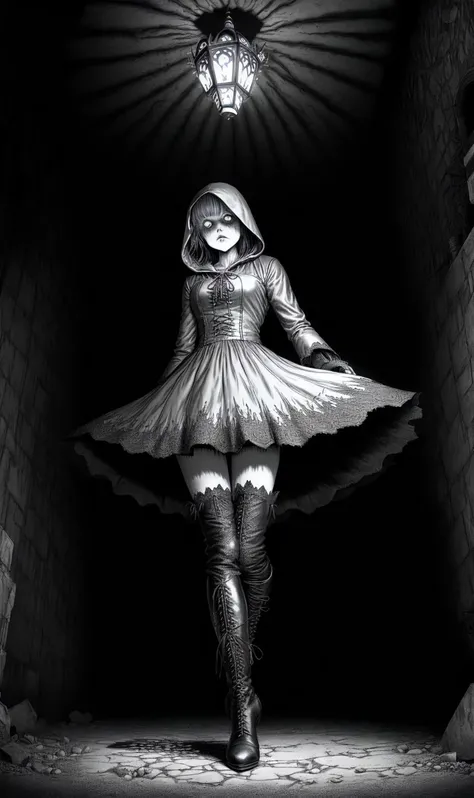 <lora:by_junji_ito_finetuned_0.01:1>, by junji ito, , Dove Gray Platinum riding hood, fat gorgeous woman, dark dusty crypt, intricate cross-laced dress, high heel boots, dynamic posture, bent forward, cinematic composition, dramatic lighting by brass lantern, masterpiece, the greatest details, 8k, UHD, HDR, incredibly intricate, unhinged, creepy, nightmare, pencil drawing, flat shaded