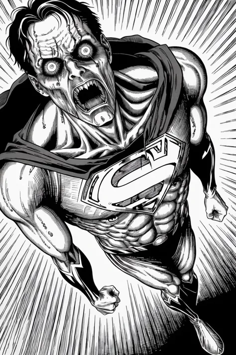 superman, laser eye, best quality, masterpiece, horror, creepy, nightmare, by junji ito