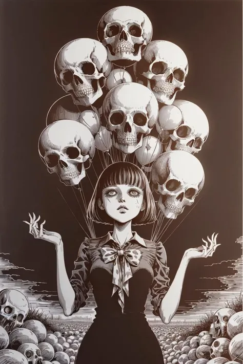a painting of a woman holding a bunch of skull balloons, disturbing, creepy, gloomy, rotten, by junji ito