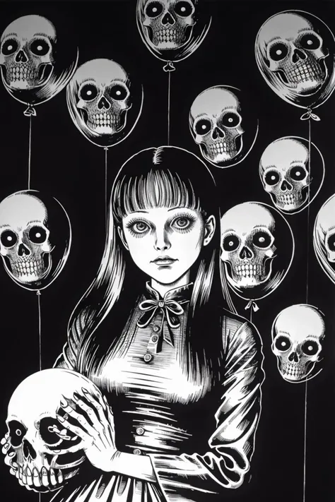 a painting of a woman holding a bunch of skull balloons, disturbing, creepy, gloomy, rotten, by junji ito