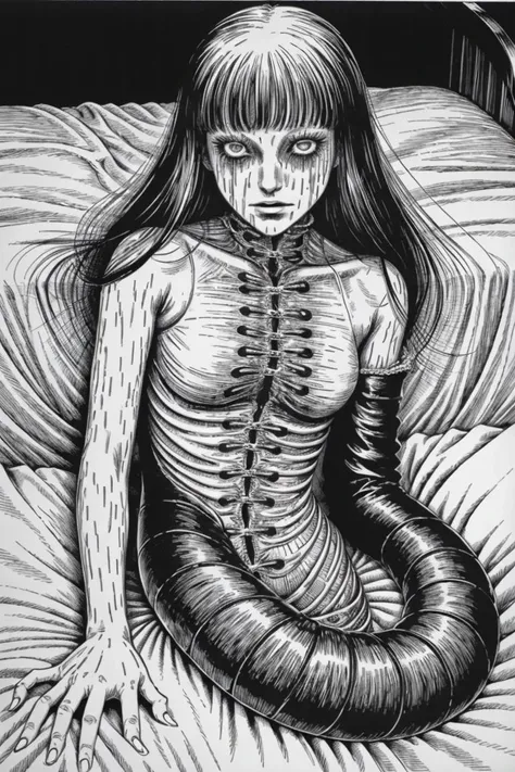 woman, covered by worm, bed, disgusting, creepy, nightmare, disturbing, creepy, gloomy, rotten, by junji ito,
