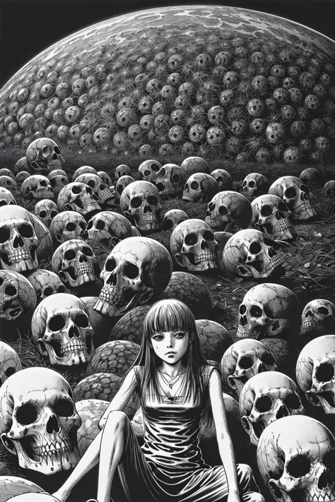 a drawing of a girl sitting on a pile of skulls, horror, creepy, nightmare, by junji ito