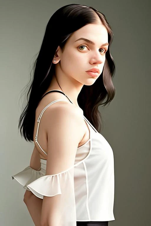 mslilym grey background, looking at viewer, white shirt, simple background, solo, upper body