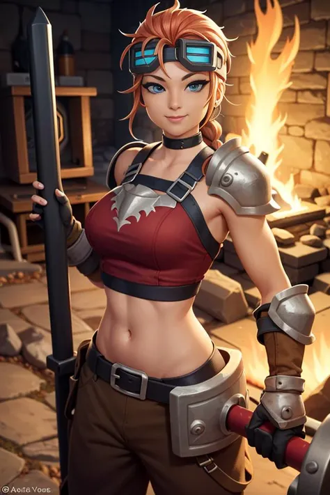 <lora:Sylvie75-000001:0.5>, xyzsylvie, 1girl, braid, solo, breasts, looking_at_viewer, smile, red clothes, short_hair, blue_eyes, gloves, cuirass, waist armor, baggy pants, brown pants, midriff, armor, goggles, shoulder_armor, brown_gloves, holding hammer, goggles_on_head, pauldrons, forge, hot coals, furnace, blacksmith, anvil, weapon_over_shoulder
