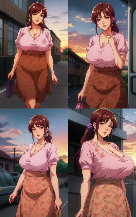 anime,anime cel style,anime style,(from the rear:1.5),(Butt focus:1.5),(Bikini:1.4),1girl in,(torino_kazami,mature female,(gigantic breasts),(plump),brown hair,brown eyes,updo,lipsticks,wide hips,thick thights),Strong sunshine,(the beach:1.2),(Looking at the camera:1.3),(Mass sweat:1.3)