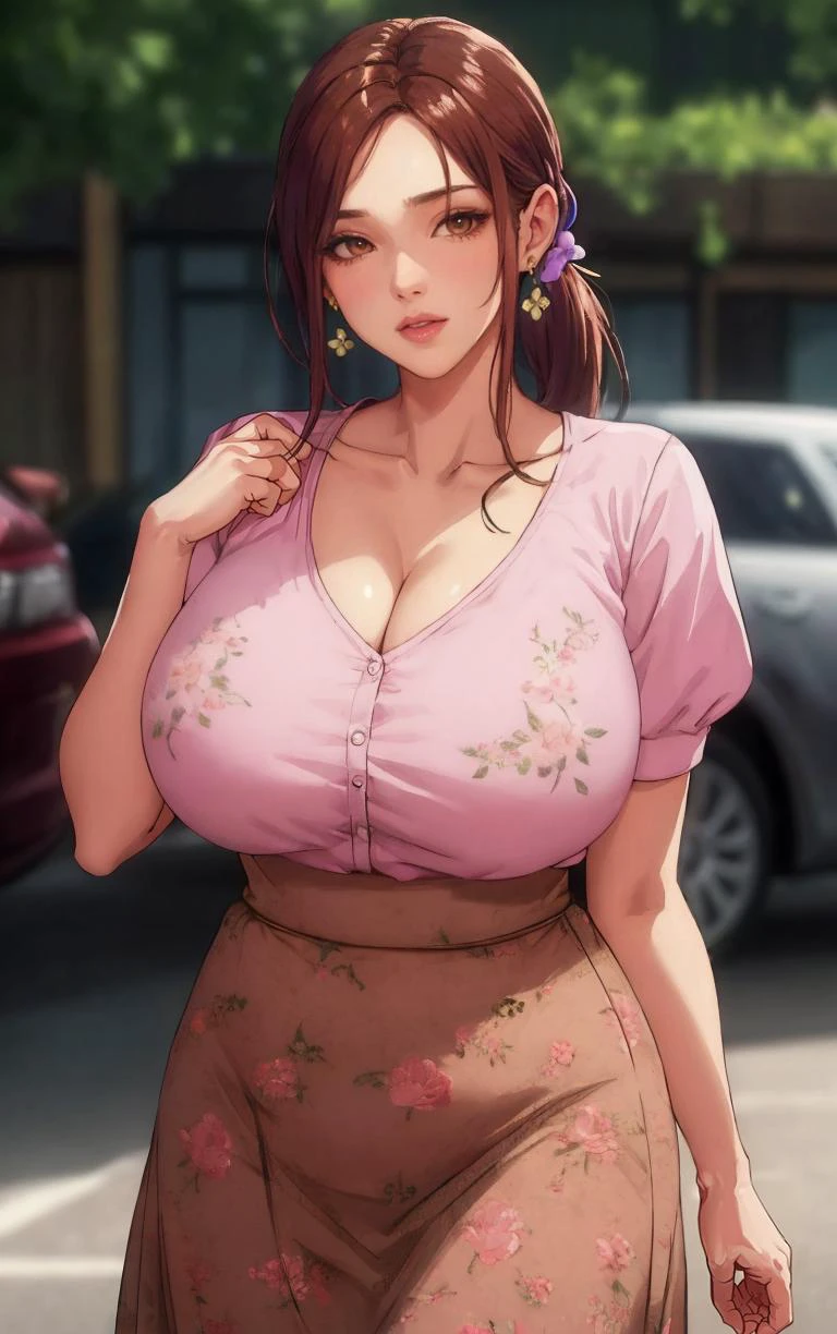 PinkTop_TorokaseOrgasm_Itoe_ownwaifu,
1girl, brown hair, long hair, brown eyes, jewelry, earrings, mature female, breasts, ponytail, large breasts, lips, huge breasts, lipstick, makeup, collarbone, hair ornament,
skirt, shirt, cleavage, pink shirt, floral print, short sleeves, dress, long skirt,
<lora:32FAP_TorokaseOrgasm_Itoe_ownwaifu:0.8>,
((masterpiece)),((best quality)),(highres, absurdres), original, official_art, chromatic_aberration, light_particles, bokeh, bloom, depth_of_field, outdoors, day, looking at viewer, solo, cowboy shot,