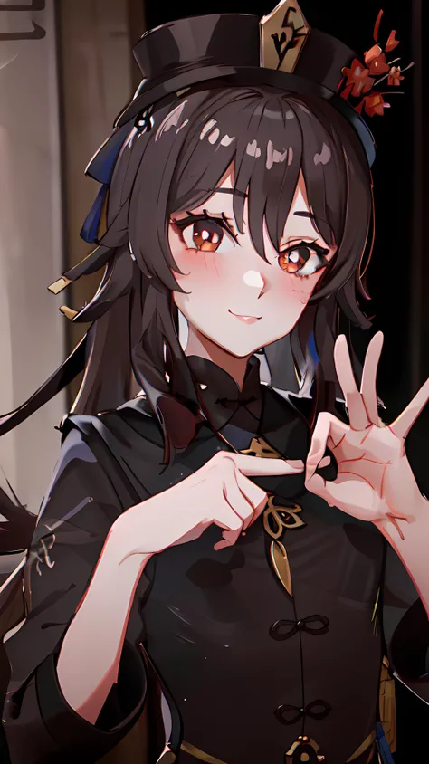 best quality, masterpiece, excellent lighting, (perfect face, detailed face, detailed eyes), <lora:penetration gesture 64 locon:1>, penetration gesture,upper body,blush,naughty face,nervous smile, <lora:hutao1:0.9> hutaodef, ((small chest))