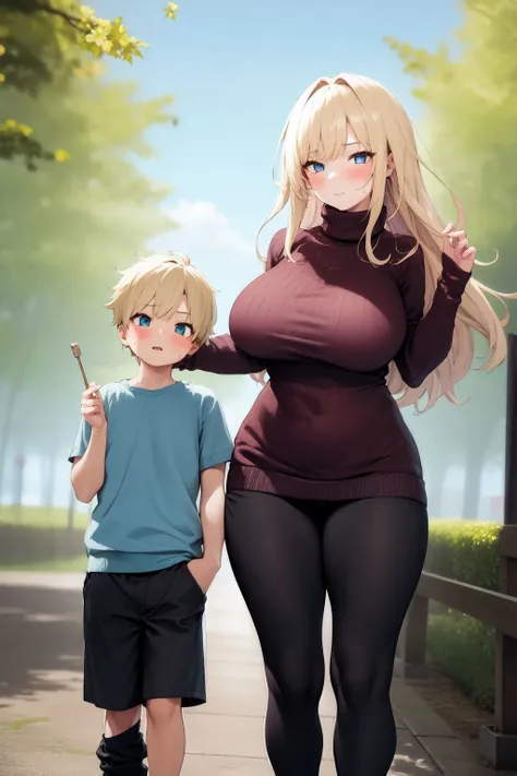 <lora:bigsislitbro_cpt_v01.10.10.02:1>, bigsislitbro, girl and boy, 1girl, long hair, blonde hair, breasts, ribbed sweater, 1boy, shot hair, sweatpant, Multiple colors, size difference, outdoors