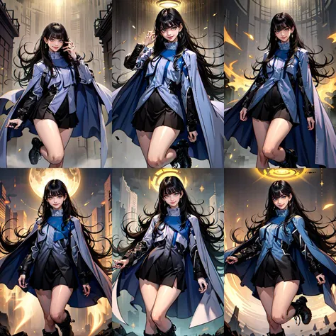 (otherworldly, otherworldly atmosphere, otherworldly appearance), highly insanely detailed, masterpiece, top quality, best quality, highres, 4k, 8k, RAW photo, (long_hair, long hair), collar, earrings, jewelry,
(random colors cloth, random colors hair, random long hair, dynamic hair, glowing hair),
long hair, eyelashes, eyeliner, makeup, hair over one eye,
(dynamic pose), (dynamic weather), (dynamic background), nsfw,
lamp,
perfect face, shiny skin, lustrous skin, solo narrow waist, wide hips , <lora:RinnieKudo-10:0.8>, rinniekudo, long hair, bangs, black hair, long sleeves, jewelry, jacket, black skirt, cape, ring, shorts, black shorts, blunt bangs, boots,
(smiling at viewer), (fantasy world)