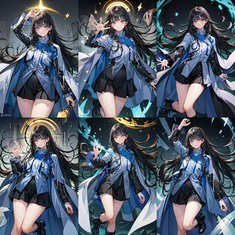 (otherworldly, otherworldly atmosphere, otherworldly appearance), highly insanely detailed, masterpiece, top quality, best quality, highres, 4k, 8k, RAW photo, (long_hair, long hair), collar, earrings, jewelry,
(random colors cloth, random colors hair, random long hair, dynamic hair, glowing hair),
long hair, eyelashes, eyeliner, makeup, hair over one eye,
(dynamic pose), (dynamic weather), (dynamic background), nsfw,
lamp,
perfect face, shiny skin, lustrous skin, solo narrow waist, wide hips , <lora:RinnieKudo-10:0.8>, rinniekudo, long hair, bangs, black hair, long sleeves, jewelry, jacket, black skirt, cape, ring, shorts, black shorts, blunt bangs, boots,
(smiling at viewer), (fantasy world)