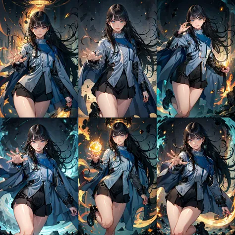 (otherworldly, otherworldly atmosphere, otherworldly appearance), highly insanely detailed, masterpiece, top quality, best quality, highres, 4k, 8k, RAW photo, (long_hair, long hair), collar, earrings, jewelry,
(random colors cloth, random colors hair, random long hair, dynamic hair, glowing hair),
long hair, eyelashes, eyeliner, makeup, hair over one eye,
(dynamic pose), (dynamic weather), (dynamic background), nsfw,
lamp,
perfect face, shiny skin, lustrous skin, solo narrow waist, wide hips , <lora:RinnieKudo-10:0.8>, rinniekudo, long hair, bangs, black hair, long sleeves, jewelry, jacket, black skirt, cape, ring, shorts, black shorts, blunt bangs, boots,
(smiling at viewer), (fantasy world)