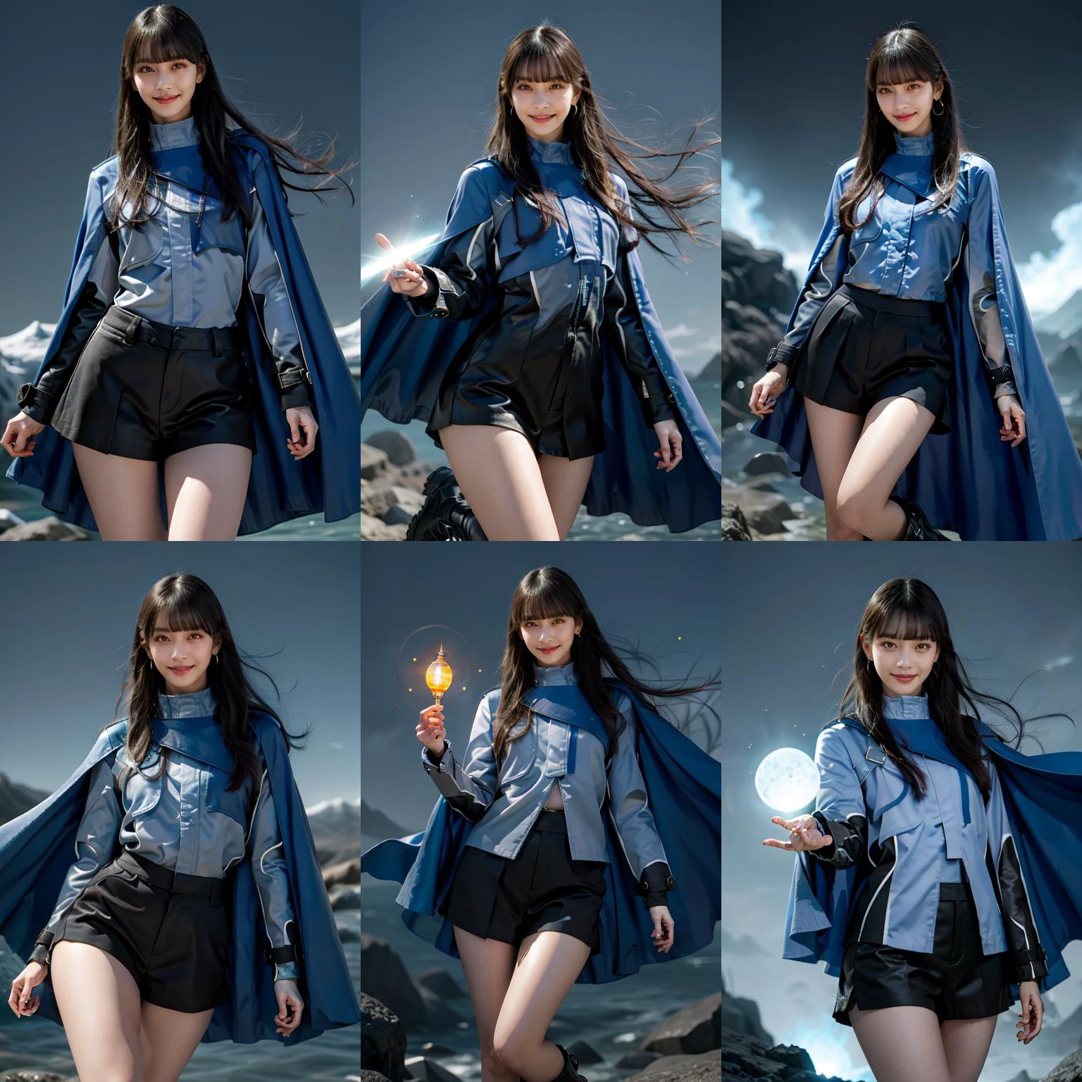 (otherworldly, otherworldly atmosphere, otherworldly appearance), highly insanely detailed, masterpiece, top quality, best quality, highres, 4k, 8k, RAW photo, (long_hair, long hair), collar, earrings, jewelry,
(random colors cloth, random colors hair, random long hair, dynamic hair, glowing hair),
long hair, eyelashes, eyeliner, makeup, hair over one eye,
(dynamic pose), (dynamic weather), (dynamic background), nsfw,
lamp,
perfect face, shiny skin, lustrous skin, solo narrow waist, wide hips , <lora:RinnieKudo-10:0.8>, rinniekudo, long hair, bangs, black hair, long sleeves, jewelry, jacket, black skirt, cape, ring, shorts, black shorts, blunt bangs, boots,
(smiling at viewer), (fantasy world)