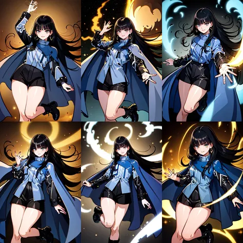 (otherworldly, otherworldly atmosphere, otherworldly appearance), highly insanely detailed, masterpiece, top quality, best quality, highres, 4k, 8k, RAW photo, (long_hair, long hair), collar, earrings, jewelry,
(random colors cloth, random colors hair, random long hair, dynamic hair, glowing hair),
long hair, eyelashes, eyeliner, makeup, hair over one eye,
(dynamic pose), (dynamic weather), (dynamic background), nsfw,
lamp,
perfect face, shiny skin, lustrous skin, solo narrow waist, wide hips , <lora:RinnieKudo-10:0.8>, rinniekudo, long hair, bangs, black hair, long sleeves, jewelry, jacket, black skirt, cape, ring, shorts, black shorts, blunt bangs, boots,
(smiling at viewer), (fantasy world)