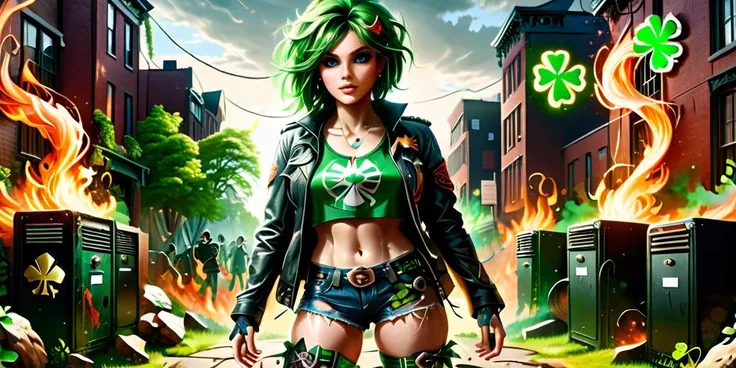 In the midst of St. Patrick's Day revelry, an Irish punk girl stood out with her fiery hair and rebellious attitude. She wore ripped jeans and a leather jacket adorned with Irish flags and punk band patches, embodying a fusion of Celtic pride and punk aesthetic. With a shamrock tattoo on her cheek, she symbolized her heritage with a unique twist. Strutting through the crowd in chunky boots, she marched to the beat of traditional Irish music mixed with punk rock blasting from her headphones. She danced with defiant energy, leaving her mark as a bold and rebellious figure in the celebration. ral-mythcr, ral-mytfrst, <lora:DreamshaperRealistic_xl:0.8>, <lora:Schizowave:0.8>, <lora:SDXLFaeTastic2400:0.8>, <lora:ral-mythcr:0.8>, <lora:EnvyHourglassFigureXL01:0.8>, <lora:ral-mytfrst:0.8>