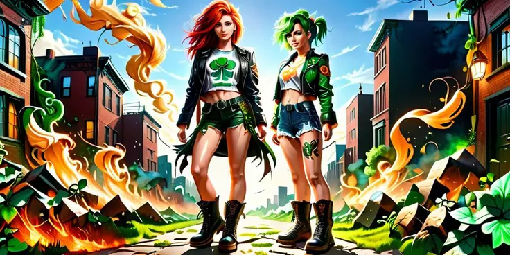 In the midst of St. Patrick's Day revelry, an Irish punk girl stood out with her fiery hair and rebellious attitude. She wore ripped jeans and a leather jacket adorned with Irish flags and punk band patches, embodying a fusion of Celtic pride and punk aesthetic. With a shamrock tattoo on her cheek, she symbolized her heritage with a unique twist. Strutting through the crowd in chunky boots, she marched to the beat of traditional Irish music mixed with punk rock blasting from her headphones. She danced with defiant energy, leaving her mark as a bold and rebellious figure in the celebration. ral-mythcr, ral-mytfrst, <lora:DreamshaperRealistic_xl:0.8>, <lora:Schizowave:0.8>, <lora:SDXLFaeTastic2400:0.8>, <lora:ral-mythcr:0.8>, <lora:EnvyHourglassFigureXL01:0.8>, <lora:ral-mytfrst:0.8>