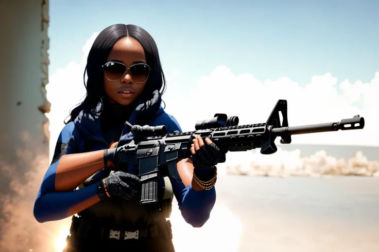 85mm, f1.8, portrait of black woman holding an m4 carbine,muscular, wearing sunglasses, photo realistic, hyperrealistic, orante, super detailed, intricate, dramatic, shadows, high dynamic range, blue lighting, m4 carbine, aiming at viewer