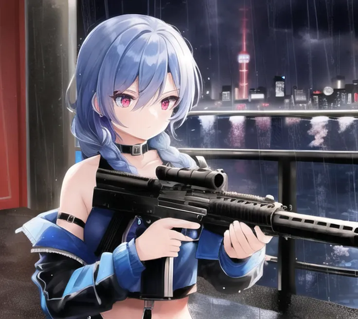 best quality, ((((blue_skinned)))), ((solid_red_eyes)), 1girl, petite, long_black_braid, black_hair, long (single) braid, wet, night, rainy, ((thunderstorm)), alleyway, blue_leather_jacket, black_leather_pants, red_tank_top, open jacket, m4carbine, holding gun, aiming, aav