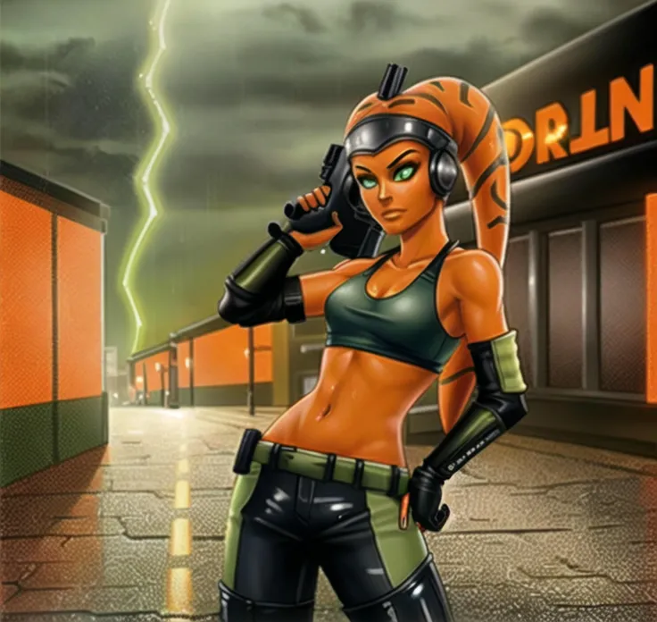 1girl, twilek, ((orange_skinned)), ((green_eyes)), petite, wet, night, rainy, ((thunderstorm)), alleyway, blue_leather_jacket, black_leather_pants, red_tank_top, open jacket, m4carbine, holding gun, aiming, aav
