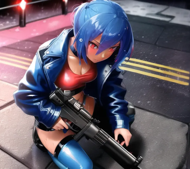 1girl, twilek, ((blue_skinned)), ((solid_red_eyes)), petite, wet, night, rainy, ((thunderstorm)), alleyway, blue_leather_jacket, black_leather_pants, red_tank_top, open jacket, m4carbine, holding gun, aiming, aav