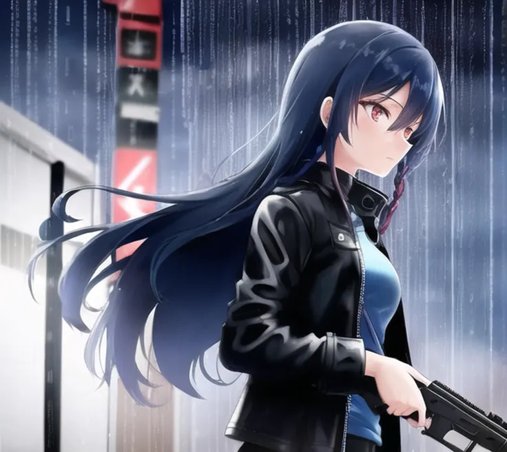 best quality, ((((blue_skinned)))), ((solid_red_eyes)), 1girl, ite, long_black_braid, black_hair, long (single) braid, wet, night, rainy, ((thunderstorm)), alleyway, blue_leather_jacket, black_leather_pants, red_tank_top, open jacket, m4carbine, holding gun, aiming, aav