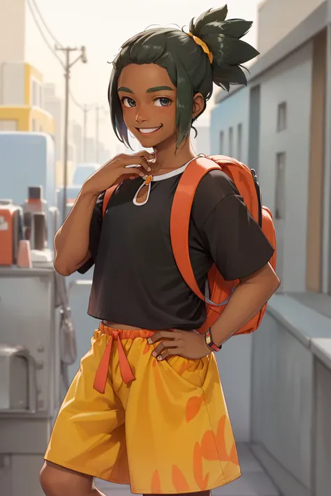 (masterpiece, best quality:1.2), <lyco:pokemon_hau-10:0.8>, cowboy shot, solo, male focus, 1boy, pokemonhau, dark skin, dark-skinned male, smile, looking at viewer, hand on hip, short ponytail, black t-shirt, shorts, backpack