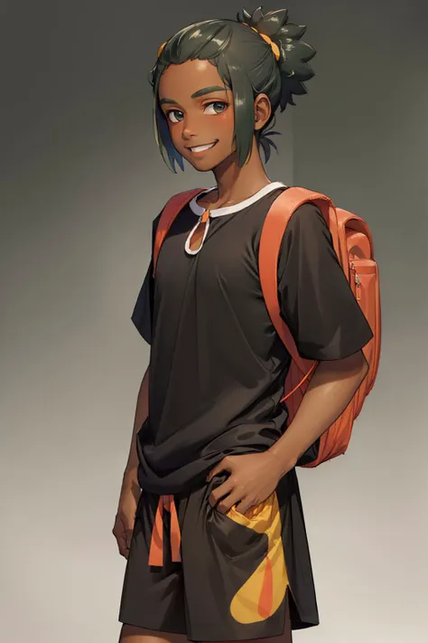 (masterpiece, best quality:1.2), <lyco:pokemon_hau-10:0.8>, cowboy shot, solo, male focus, 1boy, pokemonhau, dark skin, dark-skinned male, smile, looking at viewer, hand on hip, short ponytail, black t-shirt, shorts, backpack