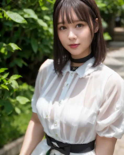 best quality, photorealistic, 8k, high res, 1girl, woman, (skindentation), (professional lighting), (portrait:0.6), (maid dress:1.64), (white choker:1), cityscape:1.6, gorgeous, ((black hair)), (short straight hair:1.4), (flowing hair:1.6), (eyes looking at viewer), ((looking at viewer:1.5)), (looking at the camera), photorealistic, (bokeh), (portait:0.6), (dynamic pose:1.2), from above, sfw, smile:1.3, <lora:nono-3750:0.74>