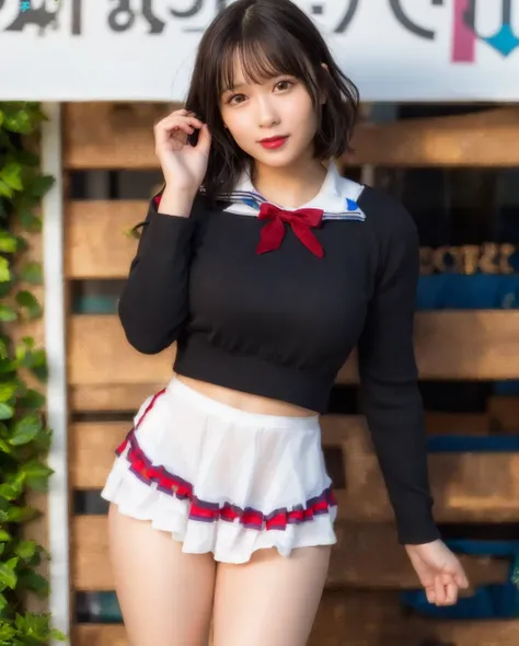 best quality, photorealistic, 8k, high res, 1girl, woman, (skindentation), (professional lighting), (portrait:0.6), (sailor uniform:1.34), cityscape:1.6, gorgeous, ((black hair)), (short straight hair:1.4), (flowing hair:1.6), (eyes looking at viewer), ((looking at viewer:1.5)), (looking at the camera), photorealistic, (bokeh), (portait:0.6), (dynamic pose:1.2), from above, sfw, smile:1.3, <lora:nono-3750:0.74>