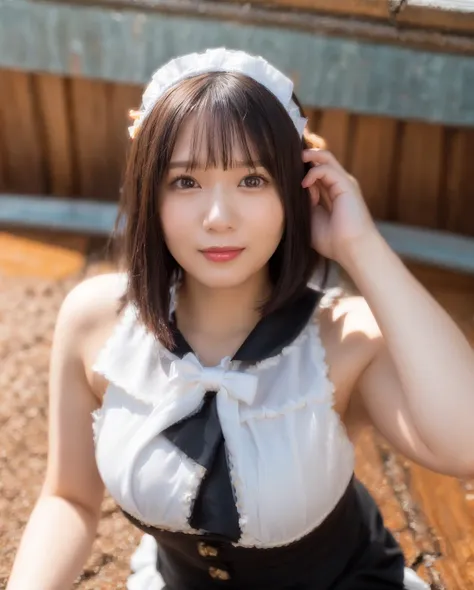 best quality, photorealistic, 8k, high res, 1girl, woman, (skindentation), (professional lighting), (portrait:0.6), (maid dress:1.64), (white choker:1), cityscape:1.6, gorgeous, ((black hair)), (short straight hair:1.4), (flowing hair:1.6), (eyes looking at viewer), ((looking at viewer:1.5)), (looking at the camera), photorealistic, (bokeh), (portait:0.6), (dynamic pose:1.2), from above, sfw, smile:1.3, <lora:nono-3750:0.74>