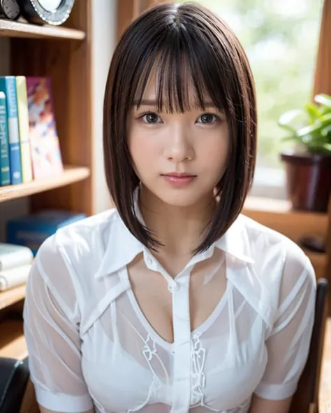 best quality, photorealistic, 8k, high res, 1girl, woman, (skindentation), (professional lighting), ((close buttoned office shirt)), (portrait:0.6), gorgeous, (short hair:1.7), (1girl eyes looking at viewer:1), ((looking at viewer:1.6)), (1girl looking at the camera), photorealistic, (bokeh), (portait:0.6), (dynamic pose:1.2), masterpiece, intricate, realistic, sharp focus, award-winning photograph, (Smile:1),  <lora:nono:0.71>