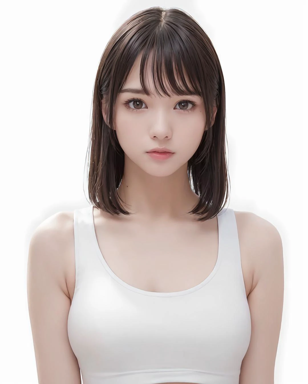 best quality, photorealistic, 8k, high res, 1girl, woman, (skindentation), (portrait:0.6), gorgeous, ((whitebackground, sport tanktop, small breast:1.65)), (short straight hair, parted bangs:1.6), looking at viewer, (1girl eyes looking at viewer:1.6), photorealistic, (bokeh), (floating hair, closed mouth:1.3), gorgeous, pureerosface_v1:1, <lora:grav-nono:0.45>