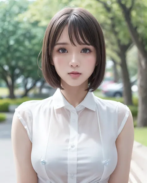 pureerosface_v1:0.03, best quality, photorealistic, 8k, high res, full color, 1girl, woman, 20 years old woman, (closed mouth:1.73), (skindentation), (portrait:0.6), trees, park bench, daylight, ((park background:1.52)), full color, ((buttonedwhiteshirt:1.58)), looking at viewer:1.8, (1girl eyes looking at viewer:1.55), (medium hair, brownhair, sweptpartedbangs:1.45), (bokeh), <lora:AAG-nono:0.64>