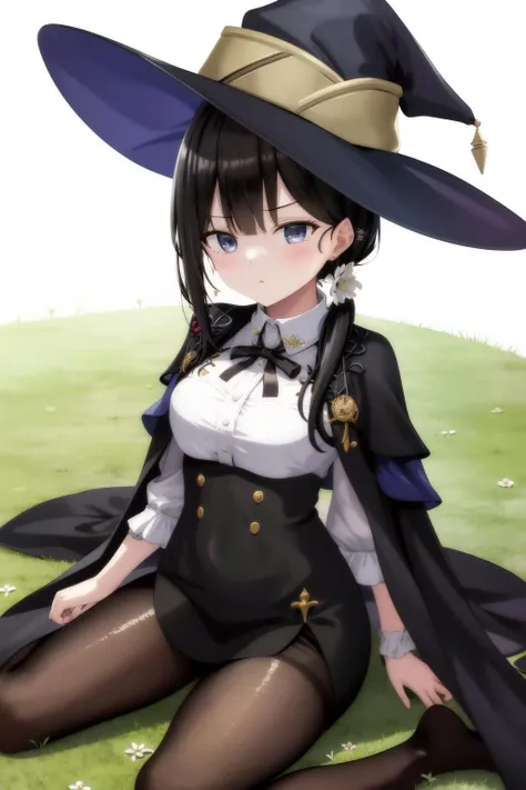 masterpiece, best quality, highres, 1girl mina, witch hat black headwear black skirt white shirt pantyhose jacket on shoulders black cape neck ribbon flower hair scrunchie ribbons <lora:mina_ln:1> sitting, wariza, outdoors
