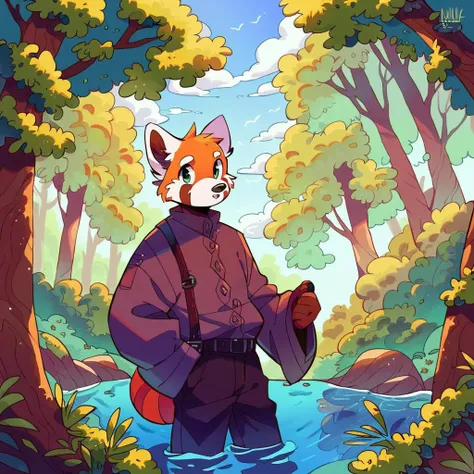 score_9, score_8_up, score_7_up, source_furry, source_anime, score_safe, three-quarter portrait, humanoid hands, male anthro red panda, looking at viewer, forest, toony, detailed background, scenery_porn, <lora:jinxit-v1e10>,