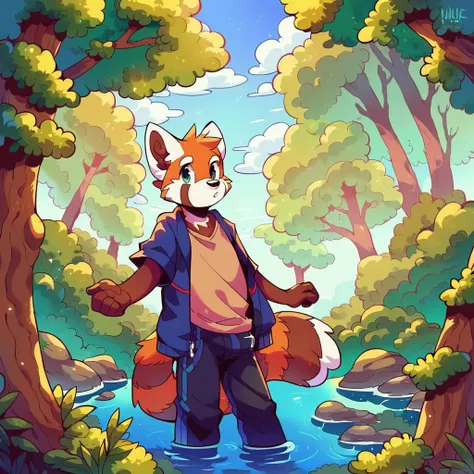 score_9, score_8_up, score_7_up, source_furry, source_anime, score_safe, three-quarter portrait, humanoid hands, male anthro red panda, looking at viewer, forest, toony, detailed background, scenery_porn, <lora:jinxit-v1e10>,