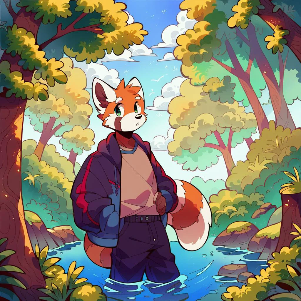 score_9, score_8_up, score_7_up, source_furry, source_anime, score_safe, three-quarter portrait, humanoid hands, male anthro red panda, looking at viewer, forest, toony, detailed background, scenery_porn, <lora:jinxit-v1e10>,
