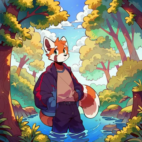 score_9, score_8_up, score_7_up, source_furry, source_anime, score_safe, three-quarter portrait, humanoid hands, male anthro red panda, looking at viewer, forest, toony, detailed background, scenery_porn, <lora:jinxit-v1e10>,