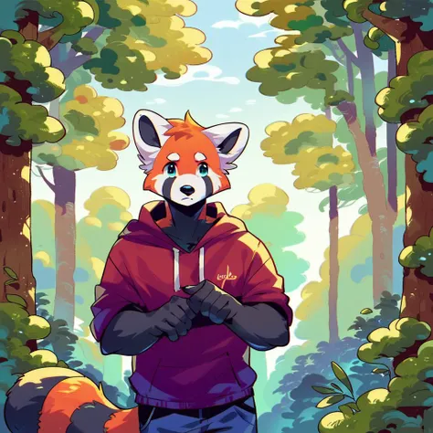 score_9, score_8_up, score_7_up, source_furry, source_anime, score_safe, three-quarter portrait, humanoid hands, male anthro red panda, looking at viewer, forest, toony, detailed background, scenery_porn, <lora:jinxit-v1e10>