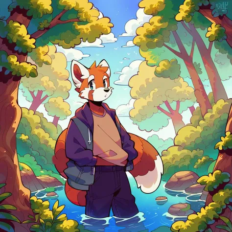 score_9, score_8_up, score_7_up, source_furry, source_anime, score_safe, three-quarter portrait, humanoid hands, male anthro red panda, looking at viewer, forest, toony, detailed background, scenery_porn, <lora:jinxit-v1e10>,