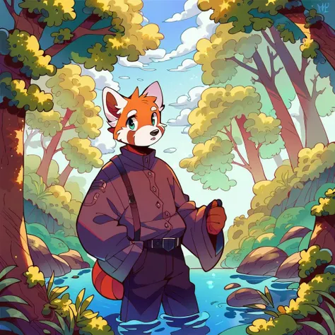 score_9, score_8_up, score_7_up, source_furry, source_anime, score_safe, three-quarter portrait, humanoid hands, male anthro red panda, looking at viewer, forest, toony, detailed background, scenery_porn, <lora:jinxit-v1e10>,