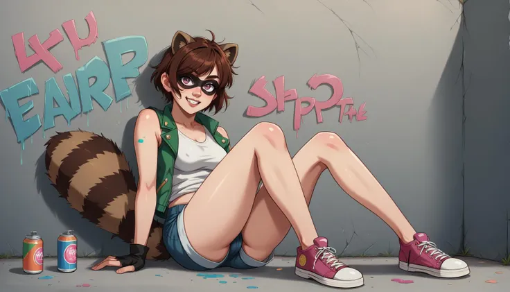 score_7, score_5, kawaii, mature adult woman relaxes against a wall, raccoon_ears, domino_mask, raccoon_tail, converse, long_legs, (paint_splatter_on_face:1.21), fingerless_gloves, micro_shorts, ass, small_breasts, tank_top, open_jacket, green_jacket, body_freckles, covered_nipples, short_hair, messy_hair, brown_hair, pink_eyes, grin, sharp_teeth, head_tilt, sitting, against_wall, pussy_peek, fat_mons, arm_support, arms_at_sides, spray_paint cans on the ground, (graffiti:1.21), vibrant pastel theme, night, night_sky, spotlight, outdoors, dutch_angle,