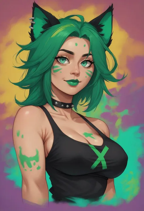 score_7, score_5, kawaii,   mature adult woman, tank_top, small_breasts, portrait, covered_nipples, cleavage,  white_shirt, arms_at_sides, toxic, vibrant colors, green punk theme, simple_background,    cat_ears,