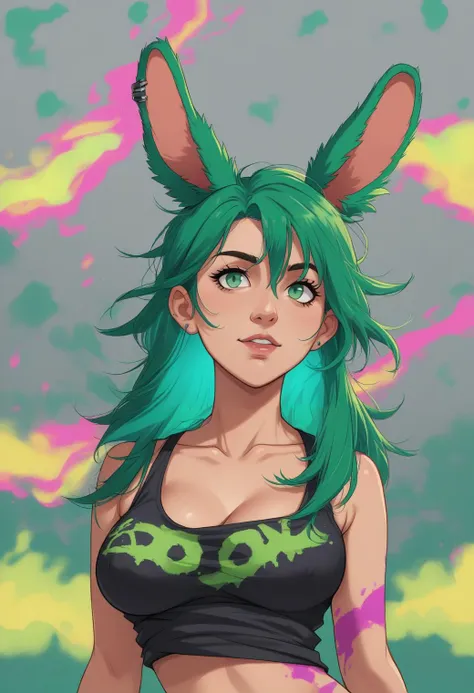 score_7, score_5, kawaii,   mature adult woman, tank_top, small_breasts, portrait, covered_nipples, cleavage,  white_shirt, arms_at_sides, toxic, vibrant colors, green punk theme, simple_background, abstract_background,   rabbit_ears,