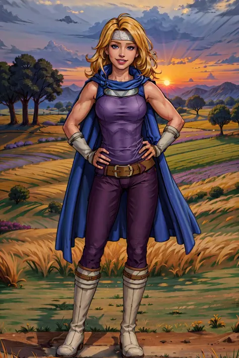 1girl,heatherfe,standing,facing viewer,sleeveless,hands on hips,full body,smiling,blue cape,purple shirt,pants,boots,outdoors,in farmers field,sunrise,(masterpiece,best quality:1.2), <lora:HeatherFE:0.8>, <lora:LORA-XenoDetailer-v2:0.1>