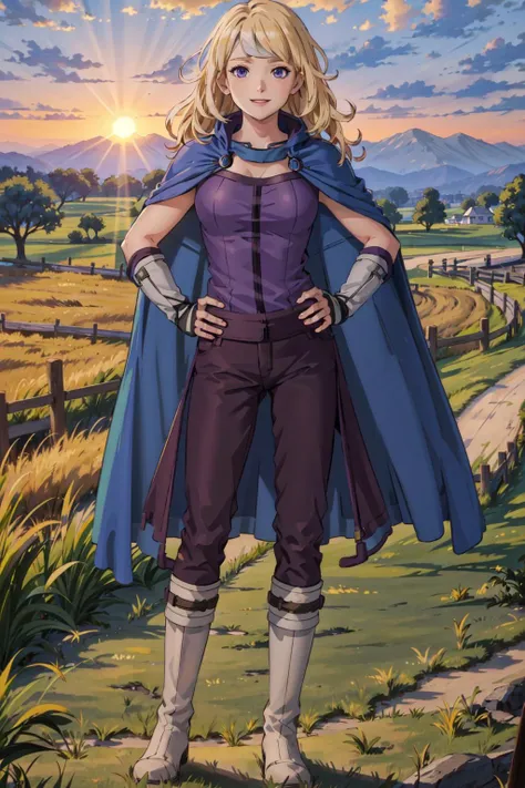 1girl,heatherfe,standing,facing viewer,hands on hips,full body,smiling,blue cape,purple shirt,pants,boots,outdoors,in farmers field,sunrise,(masterpiece,best quality:1.2), <lora:HeatherFE:0.8>