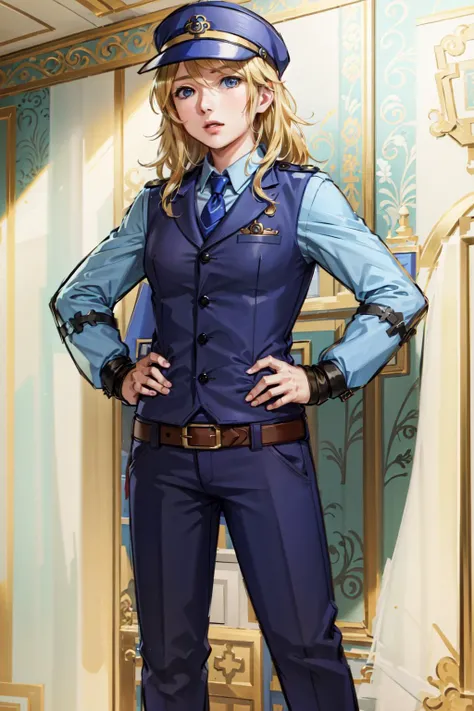 pkmnofficer,1girl,heatherfe,blonde hair,vest,long sleeves,(pants),jacket,hat,blue cap,indoors,(in ornate palace,garish wallpaper),holster, <lora:PKMNOfficer-44:0.4>, <lora:HeatherFE:0.6>, <lora:LORA-XenoDetailer-v2:0.2>