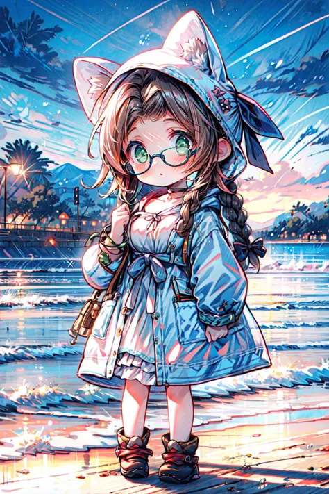 <lora:MIAOKA_Aerith:0.8>, ((aerith gainsborough, choker, hair bow, bracelet, pretty shoes, sidelocks, parted bangs, braid)):1.24,
<lora:GlowingPP:0.7>, (pop style, glowing, raincoat , girl with a shiny jelly style, animal hood, raining):1.2,
BREAK 1girl, adorable, clear face, solo, ((full body)):1.33, ((a girl wear a clear glasses, detailed glasses)):1.2,
BREAK perfect(anatomy,body,face,hand,leg,foot,fingers), ((multicolor brown hairs, very long hairs, green eyes):1.23),
BREAK soft light, light on face, cinematic lighting, dynamic(angle, elegant posture), detailed(shadow, lightning),
BREAK beautiful detailed woman, glossy pink lips, ((milky skin, shiny skin)), makeup, blush,eyeliner, eyeshadow, eyelashes, textured skin, collarbone, perfect skin,
BREAK <lora:more_details:0.72>, extremely detailed, CG, finely detail, (masterpiece, best quality):2.0, (intricate details, depth of field),
BREAK <lora:uber_saggy2:0.67>, saggy, sagging_breasts, ((large breasts)),
(<lora:cozy animation scenes_20230824111332:0.65>, cozy, animation scenes, scenery, starry stars, PIXIV, outdoors, town),