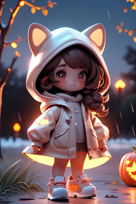 masterpiece,best quality,4k,1girl,raincoat,pop style,glowing,solo,looking at viewer,halloween,pumpkin,blush,long hair,bangs,brown hair,animal ears,brown eyes,standing,outdoors,shoes,blurry,tree,see-through,night,blurry background,animal hood,<lora:GlowingPP:0.7>,