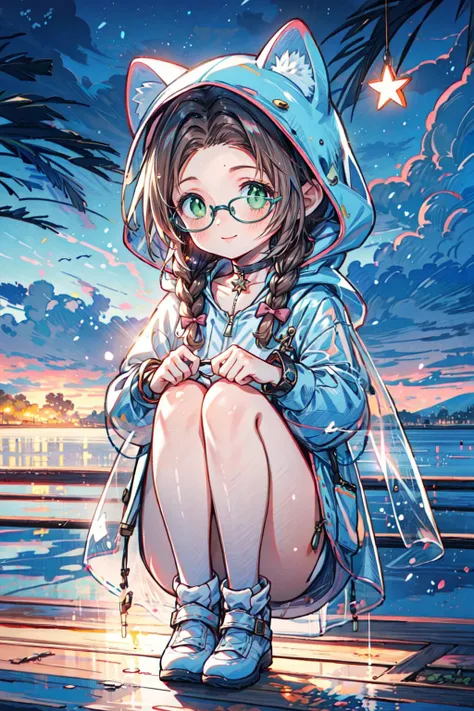 <lora:MIAOKA_Aerith:0.8>, ((aerith gainsborough, choker, hair bow, bracelet, pretty shoes, sidelocks, parted bangs, braid)):1.24, (smirk smile),
<lora:GlowingPP:0.7>, (pop style, glowing, raincoat , girl with a shiny jelly style, animal hood, raining):1.2,
BREAK 1girl, adorable, clear face, solo, ((full body)):1.33, ((a girl wear a clear glasses, detailed glasses)):1.2,
BREAK perfect(anatomy,body,face,hand,leg,foot,fingers), ((multicolor brown hairs, very long hairs, green eyes):1.23),
BREAK soft light, light on face, cinematic lighting, dynamic(angle, elegant posture), detailed(shadow, lightning),
BREAK beautiful detailed woman, glossy pink lips, ((milky skin, shiny skin)), makeup, blush,eyeliner, eyeshadow, eyelashes, textured skin, collarbone, perfect skin,
BREAK <lora:more_details:0.5>, extremely detailed, CG, finely detail, (masterpiece, best quality):2.0, (intricate details, depth of field),
<lora:cozy animation scenes_20230824111332:0.65>, (cozy, animation scenes, scenery, starry stars, PIXIV, outdoors, town, (night)):1.1,