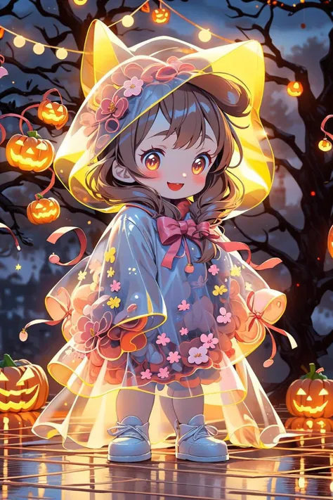 masterpiece,best quality,4k,5girls,raincoat,pop style,glowing,multiple girls,jack-o'-lantern,(trick or treat:1.2),smile,ghost,kind_smile,red_moon,castle,solo,looking at viewer,halloween,pumpkin,blush,long hair,bangs,brown hair,animal ears,brown eyes,standing,outdoors,shoes,blurry,tree,see-through,night,blurry background,animal hood,Childhood memory